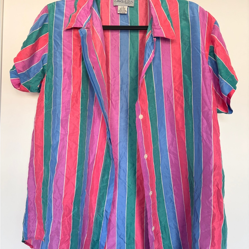100% Silk Vintage Bright Multicolor Vertical Stripe Button-Up Shirt